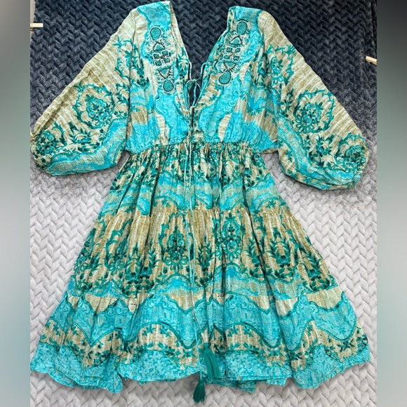 Antica Sartoria Boho Dress Aqua Green OS Bell Sleeve Beach Resort Travel - Picture 2 of 14
